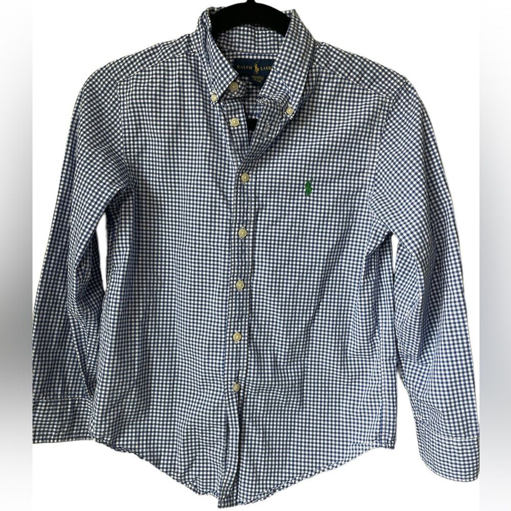 Ralph Lauren boys blue/white checked button down in 10-12. Logo Embroidered pony